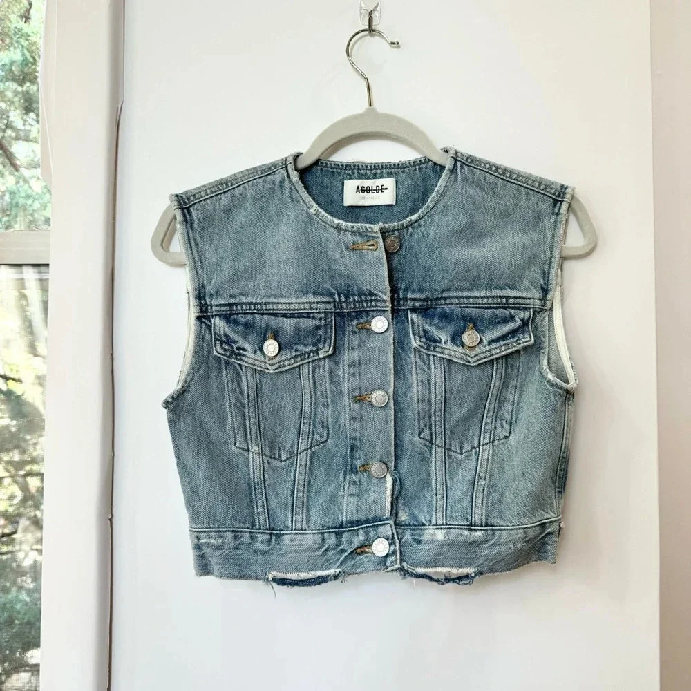 New Agolde Leo Cropped Denim Vest Blue XS - Picture 5 of 14
